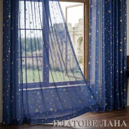 Евтини платове на дребно и шивашки материали - ЛАНА ММ 23 shifon-zlatni zvezdi